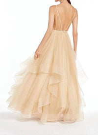 ALYCE PARIS Glitter V Neck Tulle Prom Dress in gold dipped - women's dress - detail view