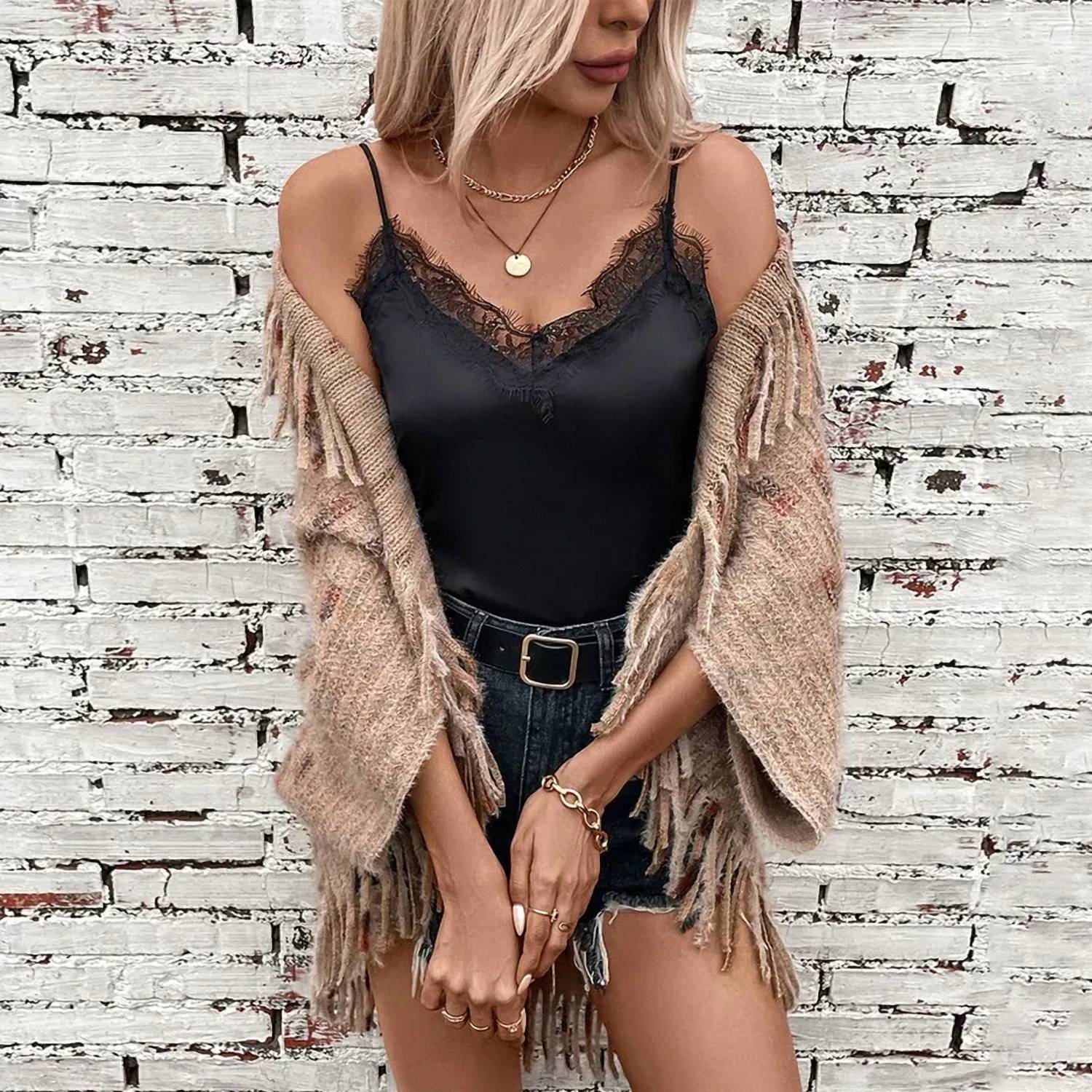 Faire - Fringe Open Front Half Sleeve Cardigan