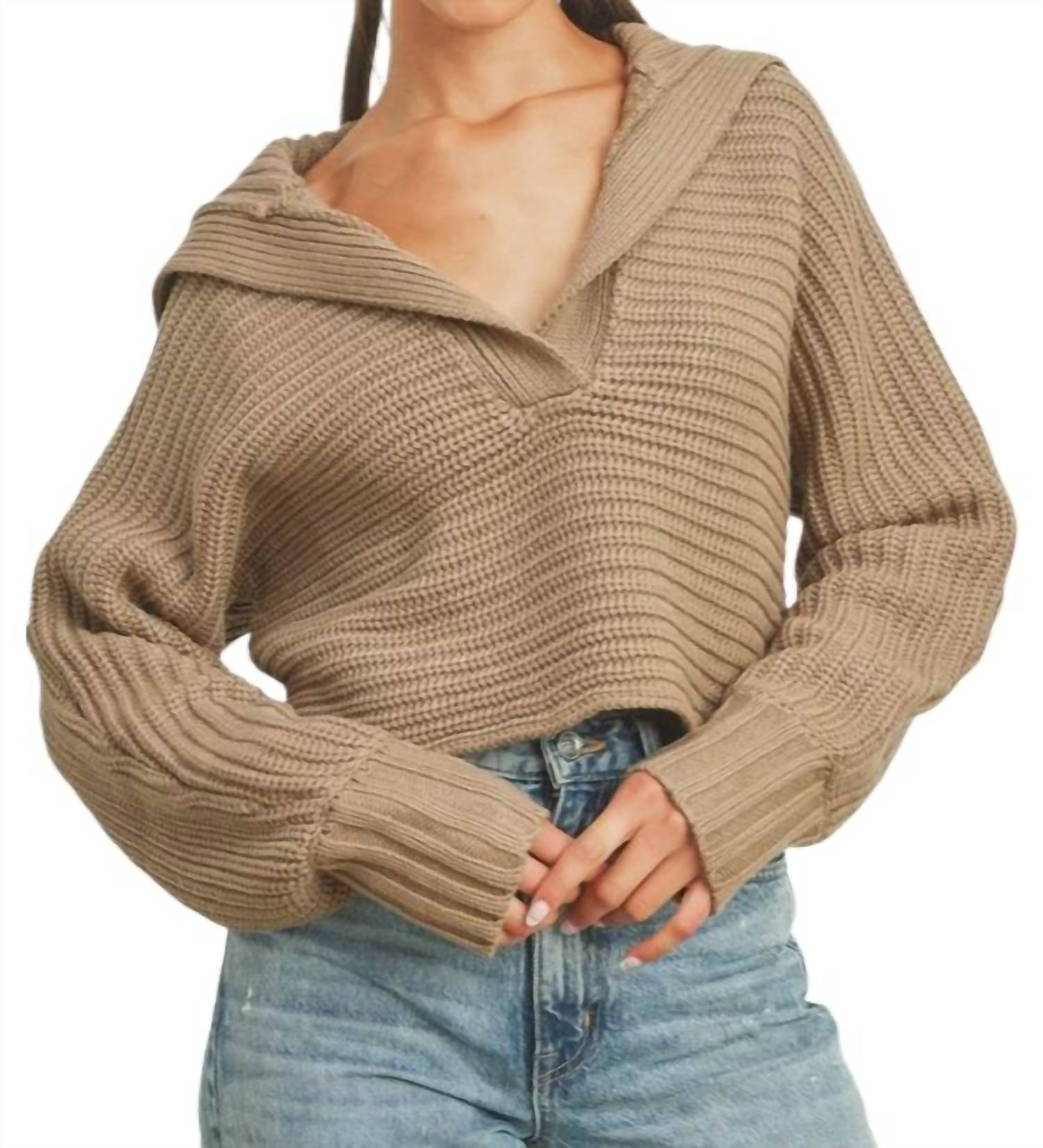 Buttermelon DRAMA COLLAR V NECK SWEATER in taupe - women's sweater