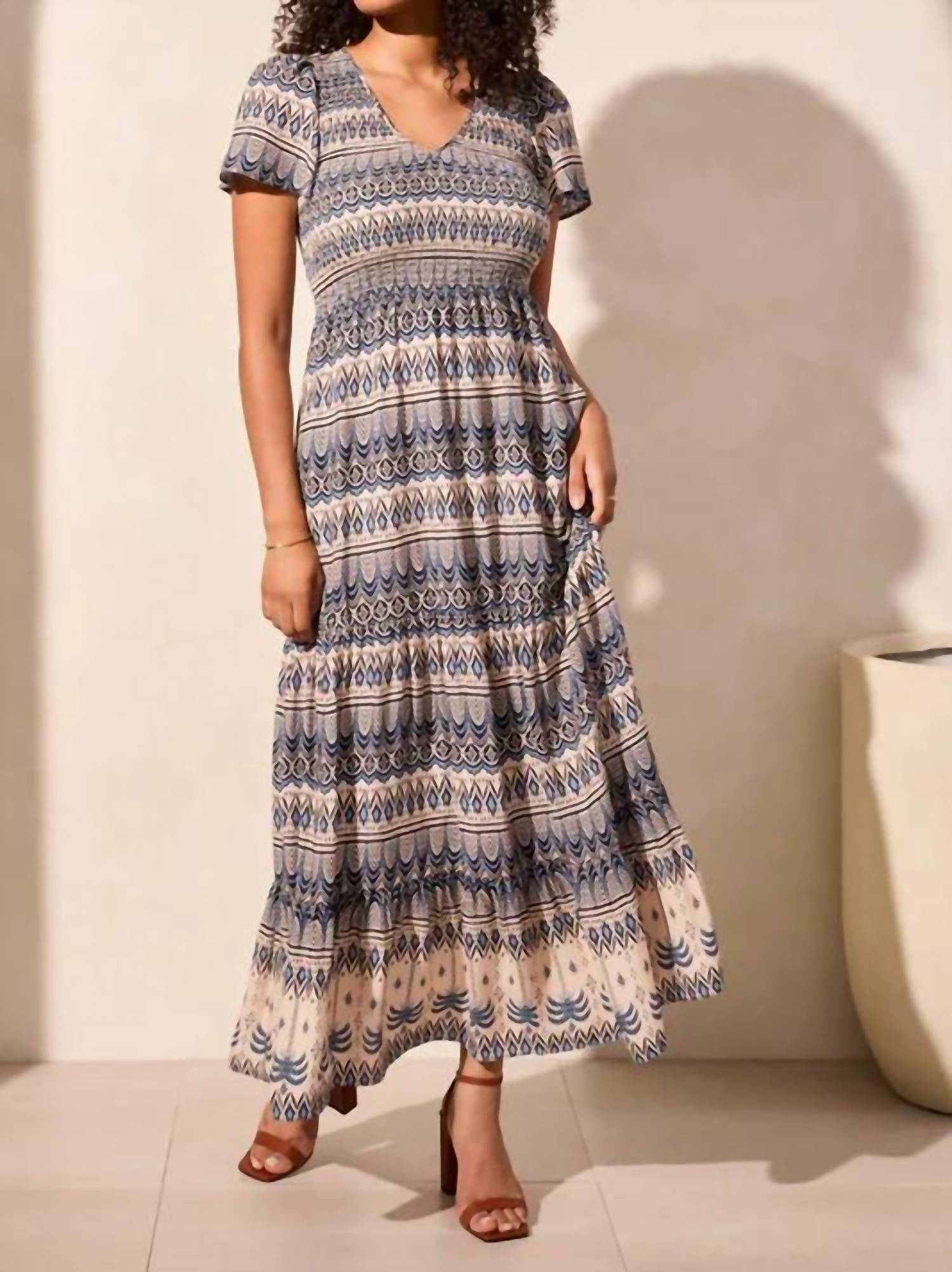 Tribal - Lined Short Sleeve Ruched Top Maxi Dress