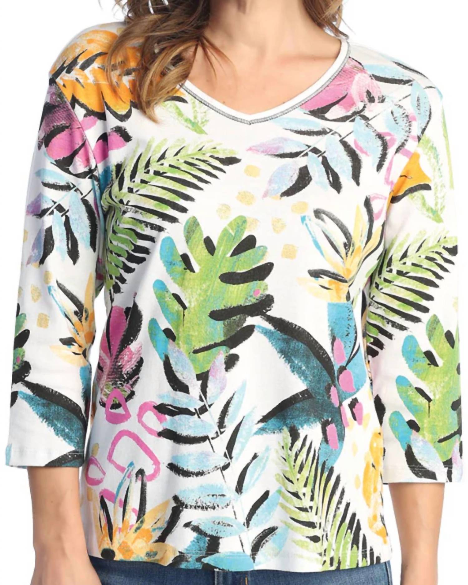 Jess & Jane - Paradise V-neck Printed Cotton Top - Plus