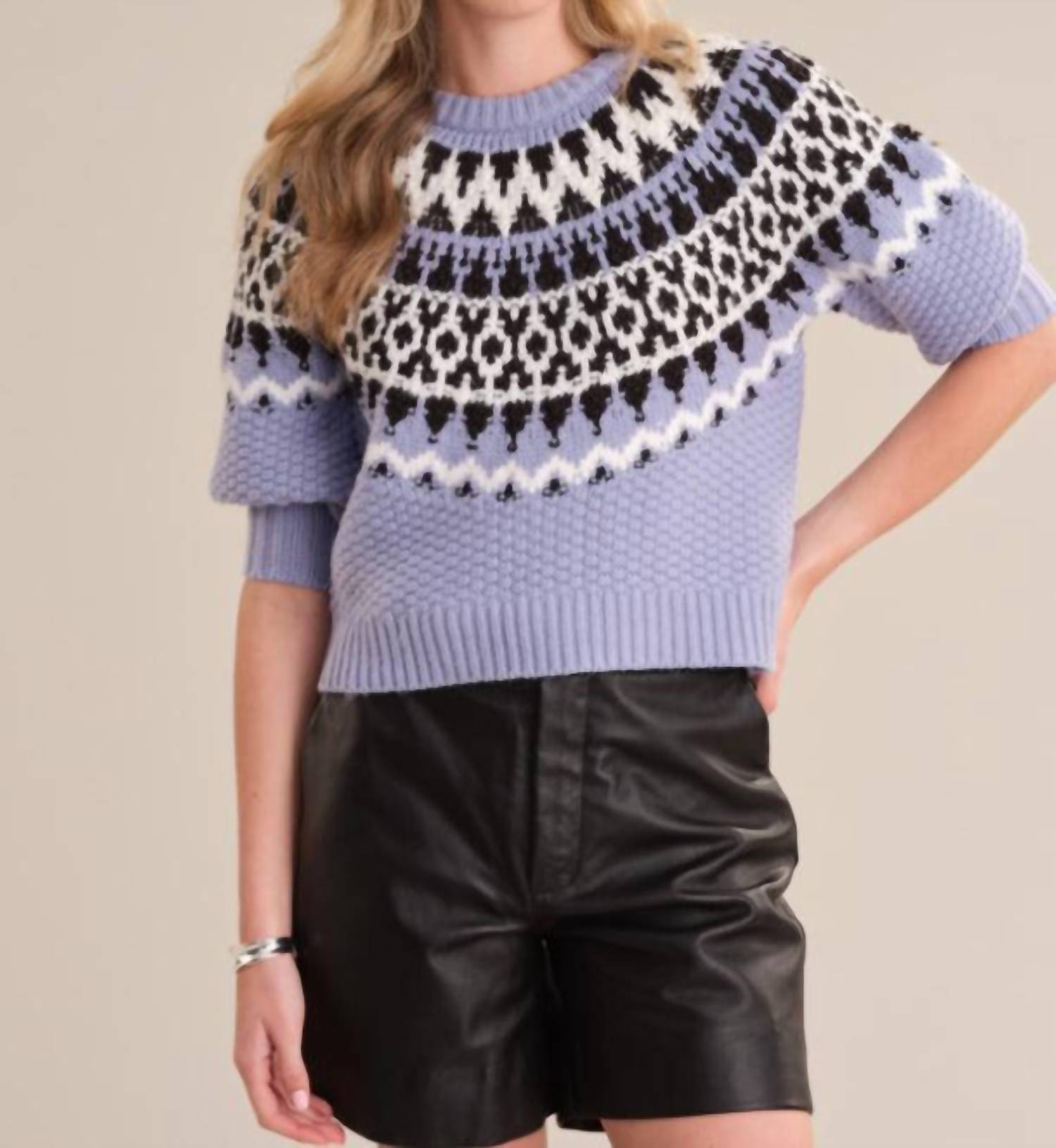 525 America Alora Puff Sleeve Fair Isle Top in eventide combo 1 - women's blouse
