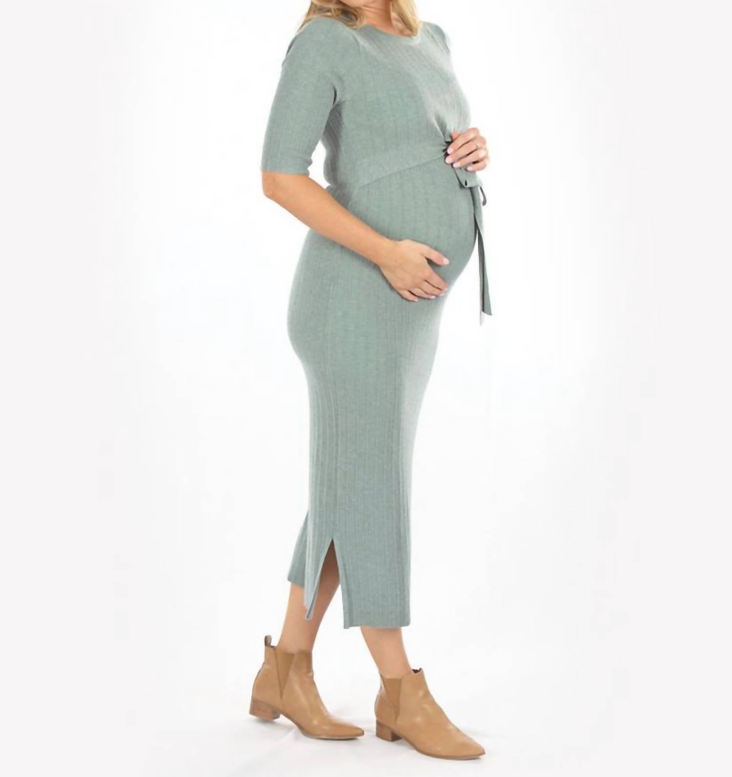 Angel Maternity Wool Knit Maternity Midi Dress in sage green - women's dress - detail view