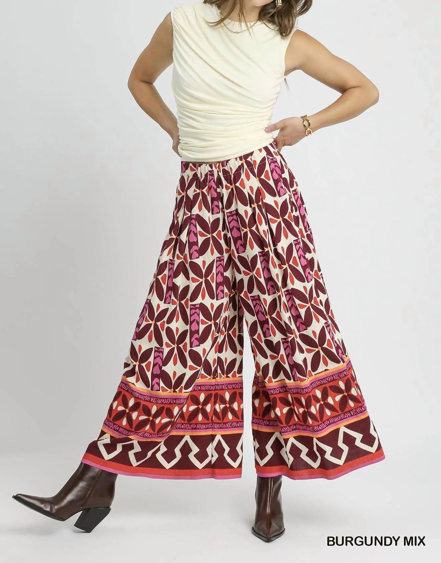 Umgee - Printed Wide Leg Skirt Pants