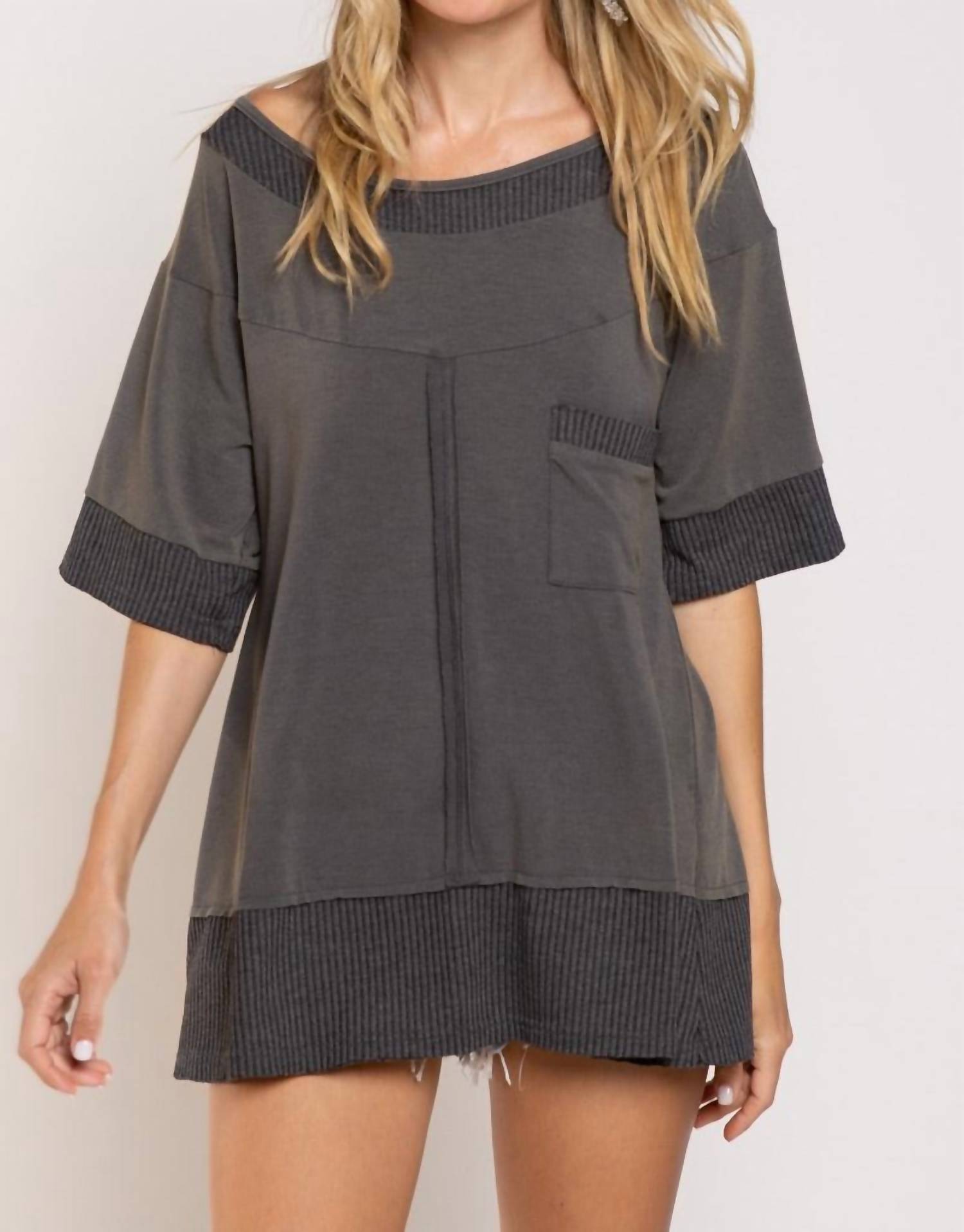 POL Crusin' Rib Trimmed Top in stone charcoal - women's dress