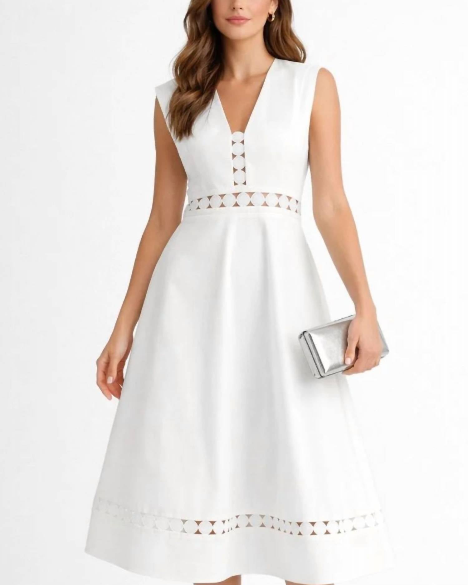 ENDLESS BLU. Amalfi Lace Trim Midi Dress in white - women's dress - detail view