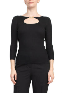 T Tahari - Boat Neck Ribbed Cutout Front Knit Top