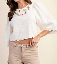 Gigio - Embroidered Cutout Bell Sleeve Crop Top