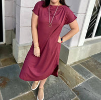 Entro - Solid Ribbed Off-Shoulder Short Sleeve Midi Dress
