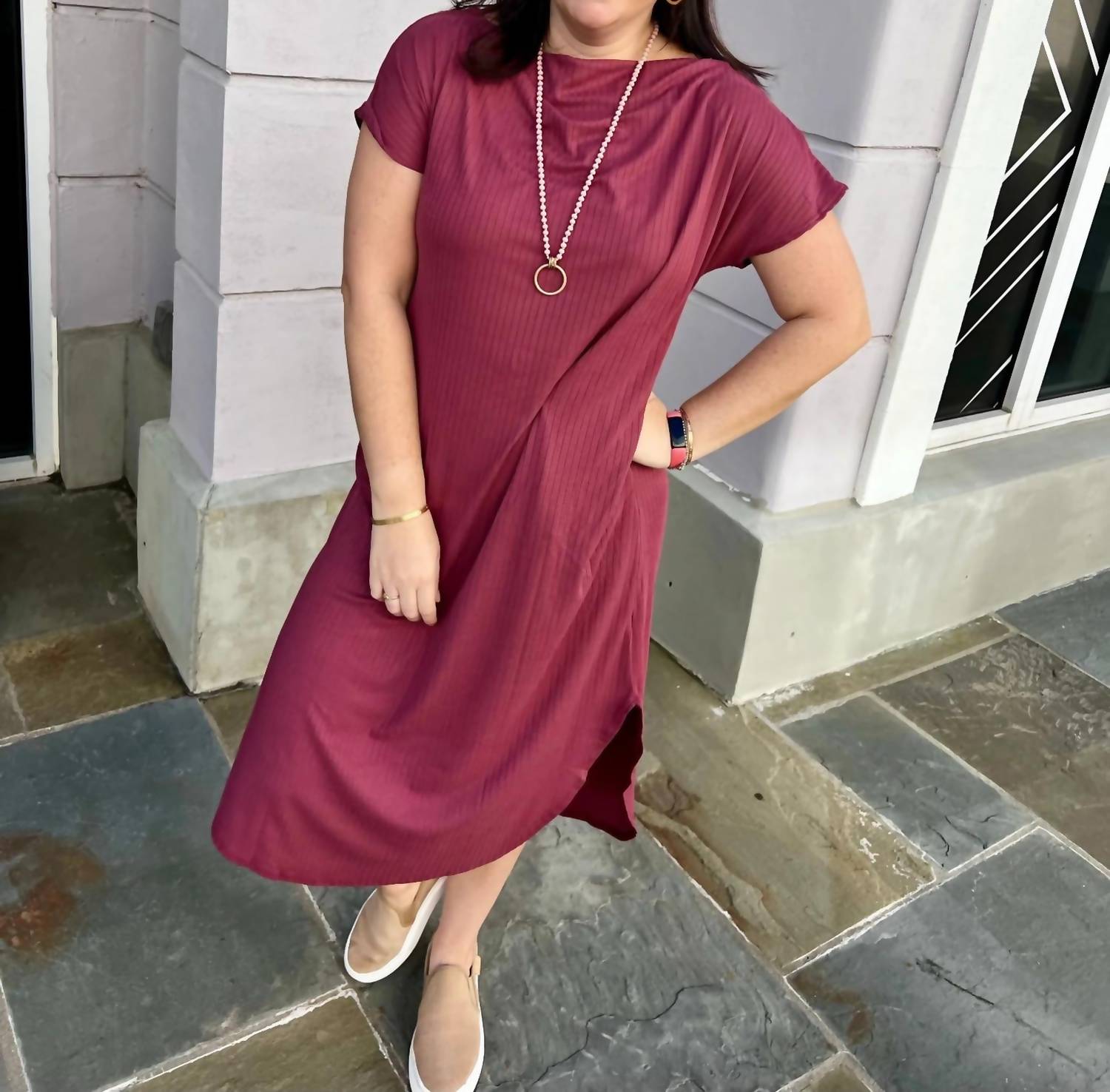 Entro - Solid Ribbed Off-Shoulder Short Sleeve Midi Dress