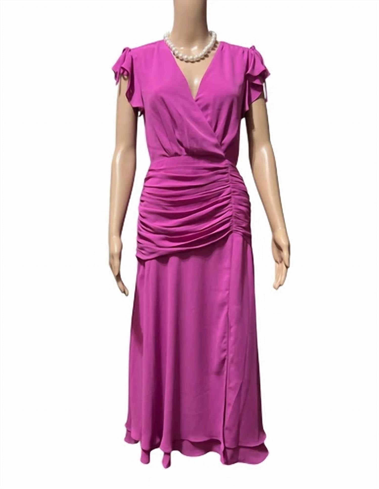 Adelyn Rae - Surplice V-neck Short Flutter Sleeve Ruched Bodice Midi Dress