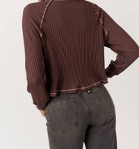 PROJECT SOCIAL T Homebody V-neck Rib Long Sleeve Top in dark mocha - women's long sleeve top - detail view