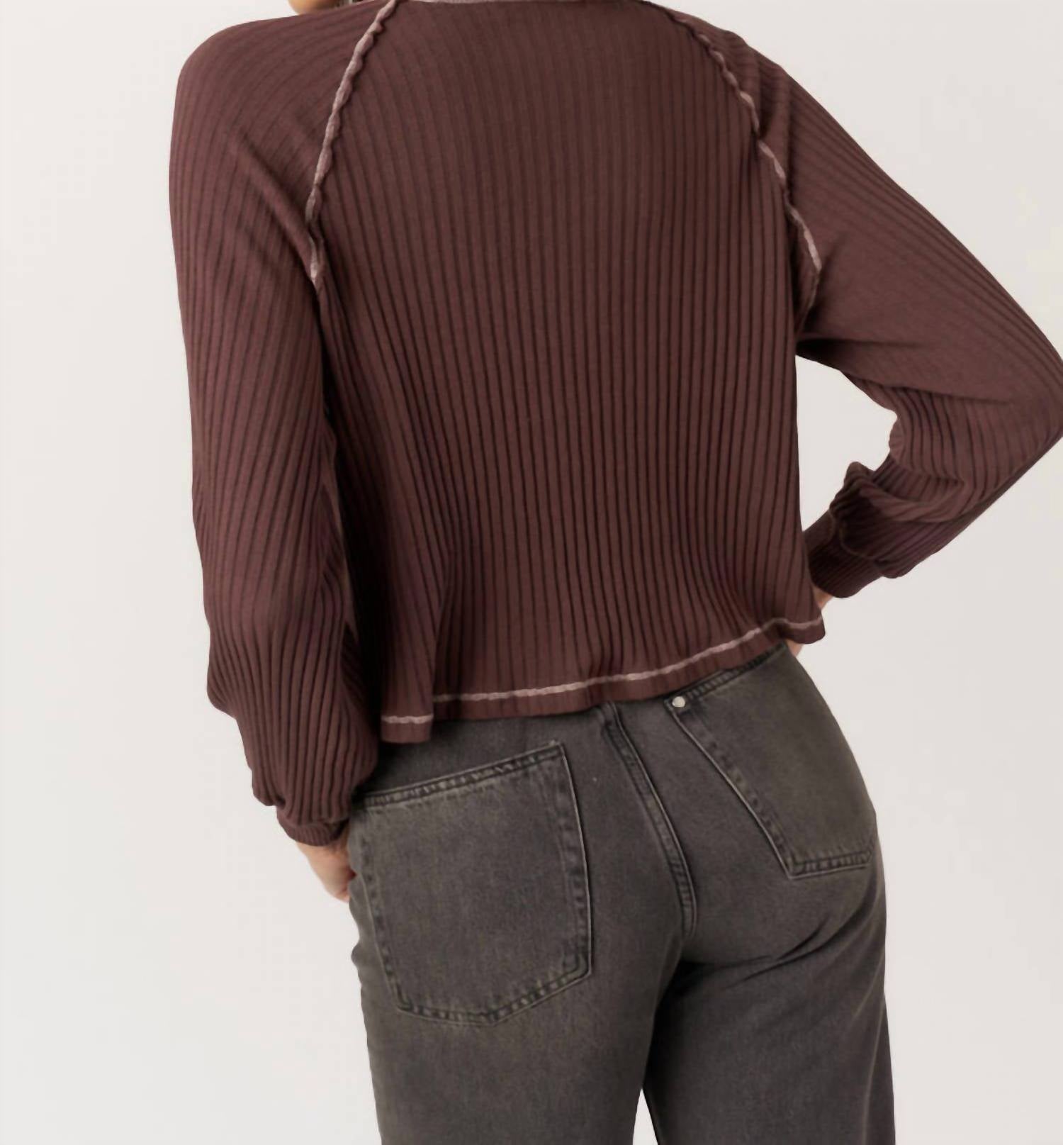 PROJECT SOCIAL T Homebody V-neck Rib Long Sleeve Top in dark mocha - women's long sleeve top - detail view