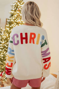 Mello - Christmas Lettering Patchwork V-neck Cardigan