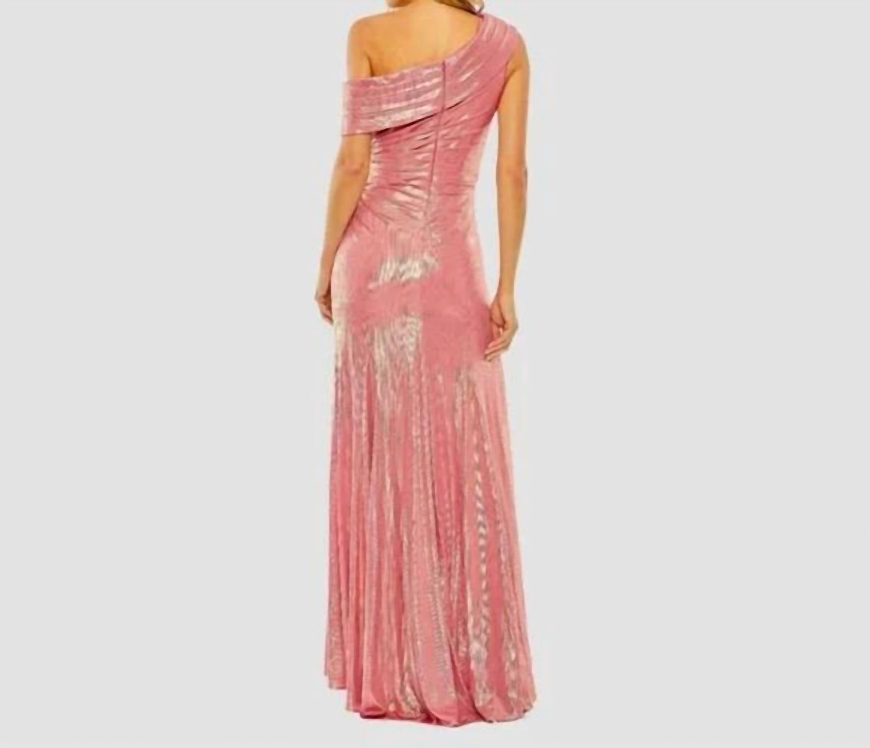 Mac Duggal - Metallic Off The Shoulder Ruched Waist Slit Gown