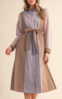 En Merci - Button Up Mixed Stripe Shirt Dress With Belt