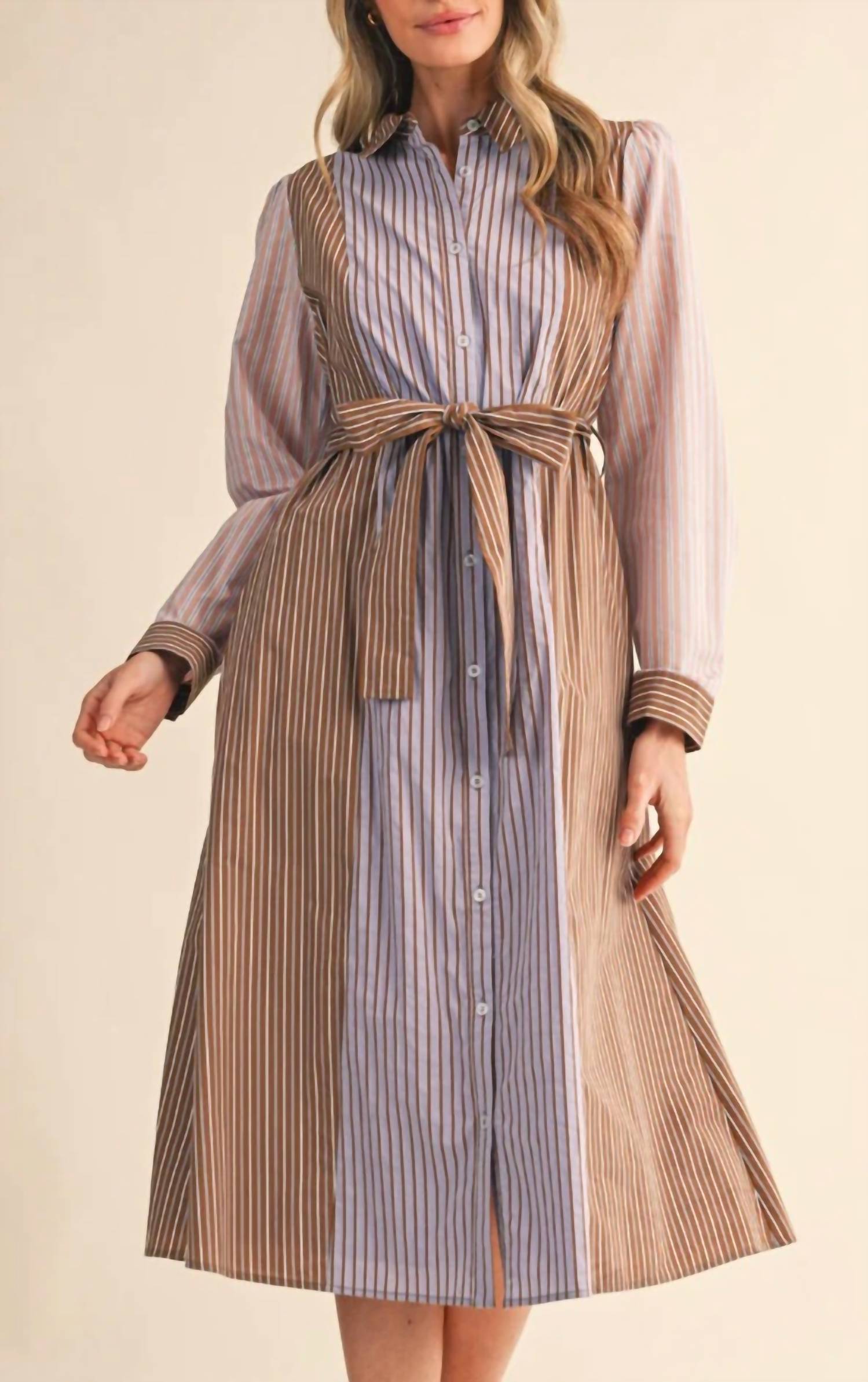 En Merci - Button Up Mixed Stripe Shirt Dress With Belt