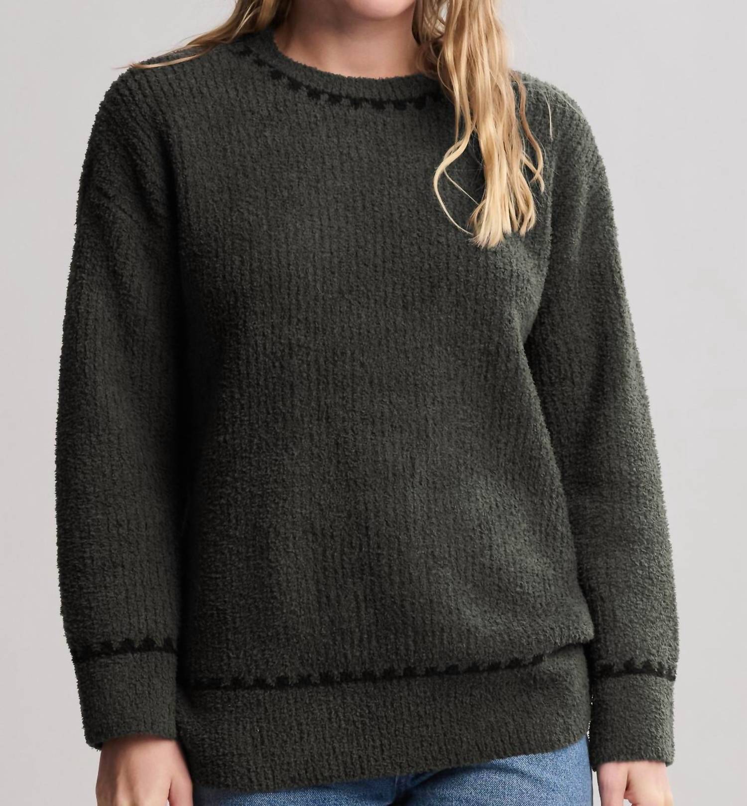 Barefoot Dreams - Cozy Chic Ribbed Sweater With Blanket Stitch
