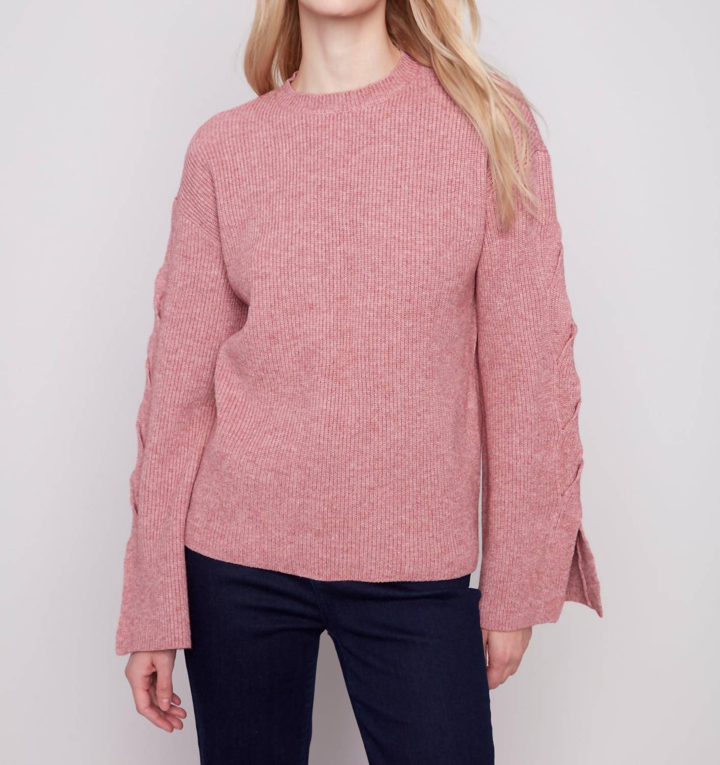 Charlie B - Crew Neck Sweater With Cable Sleeves