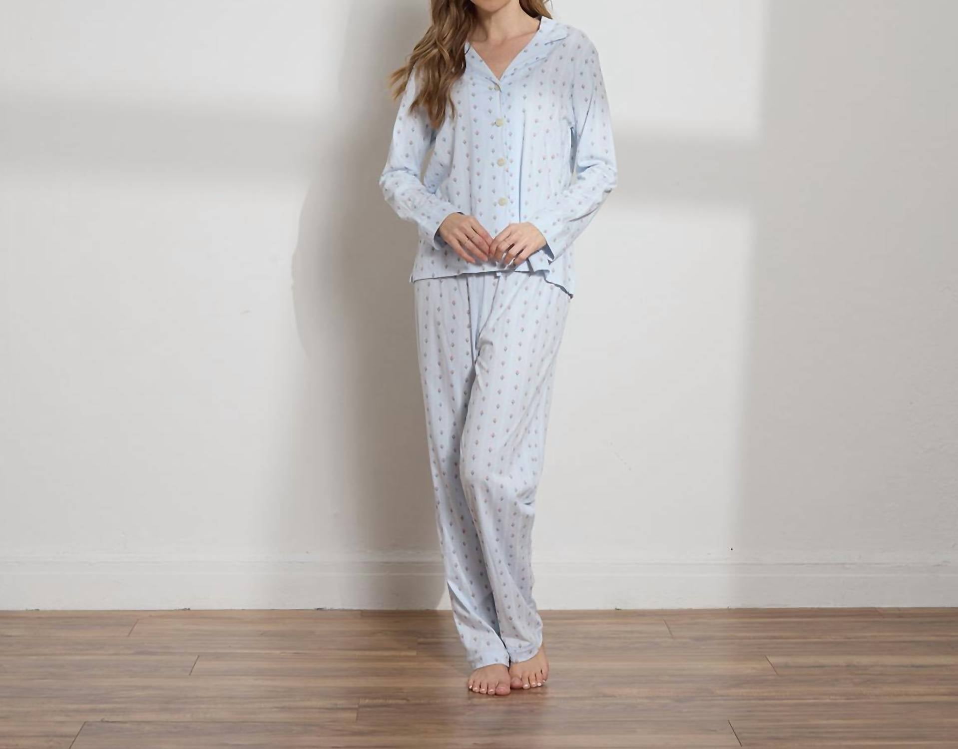 The Sleep Code Women's Printed Organic Pima Cotton Long Pj Set in blue bud stripe - women's item