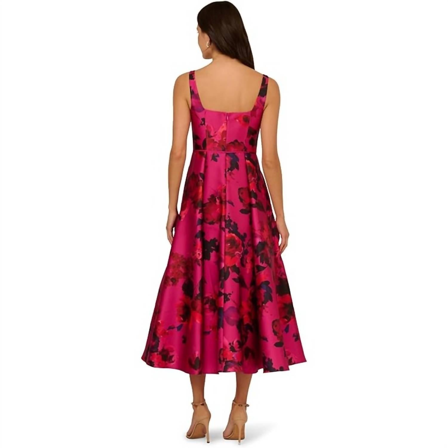 Adrianna Papell Rose Jacquard Thin Strap Square Neck Midi Dress in pink - women's dress - detail view