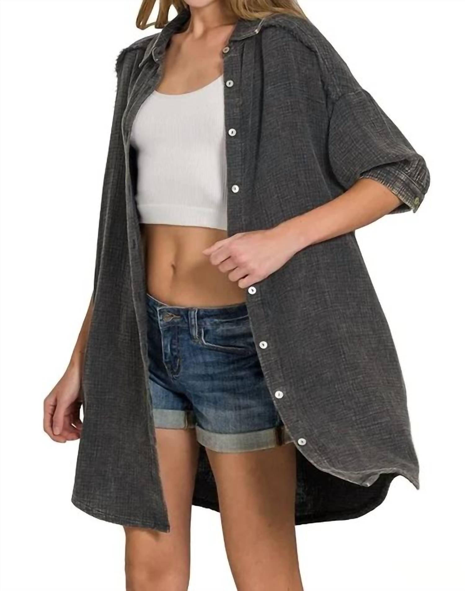 Zenana - Gauze Button Down Short Sleeve Shirt