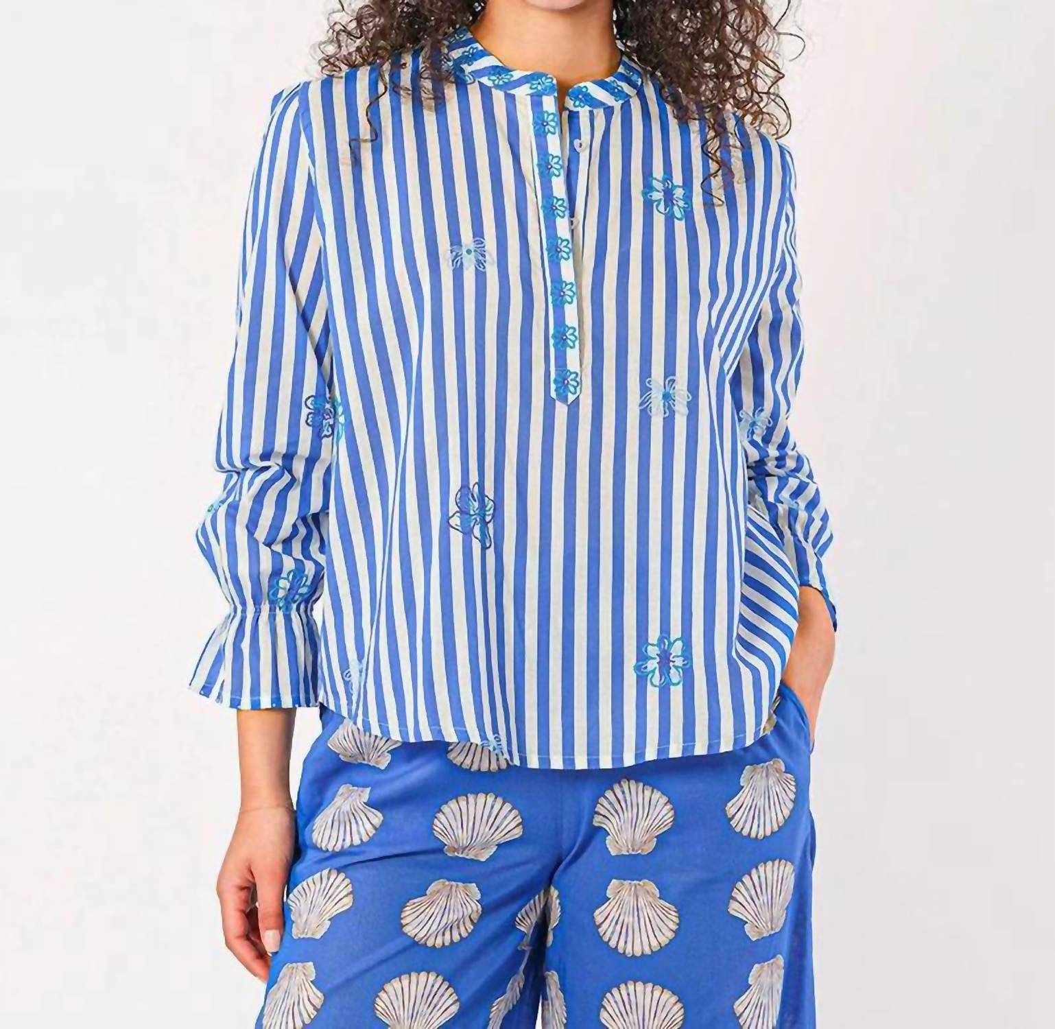 Nimo With Love - Flower Embroidery Broom Stripe Blouse