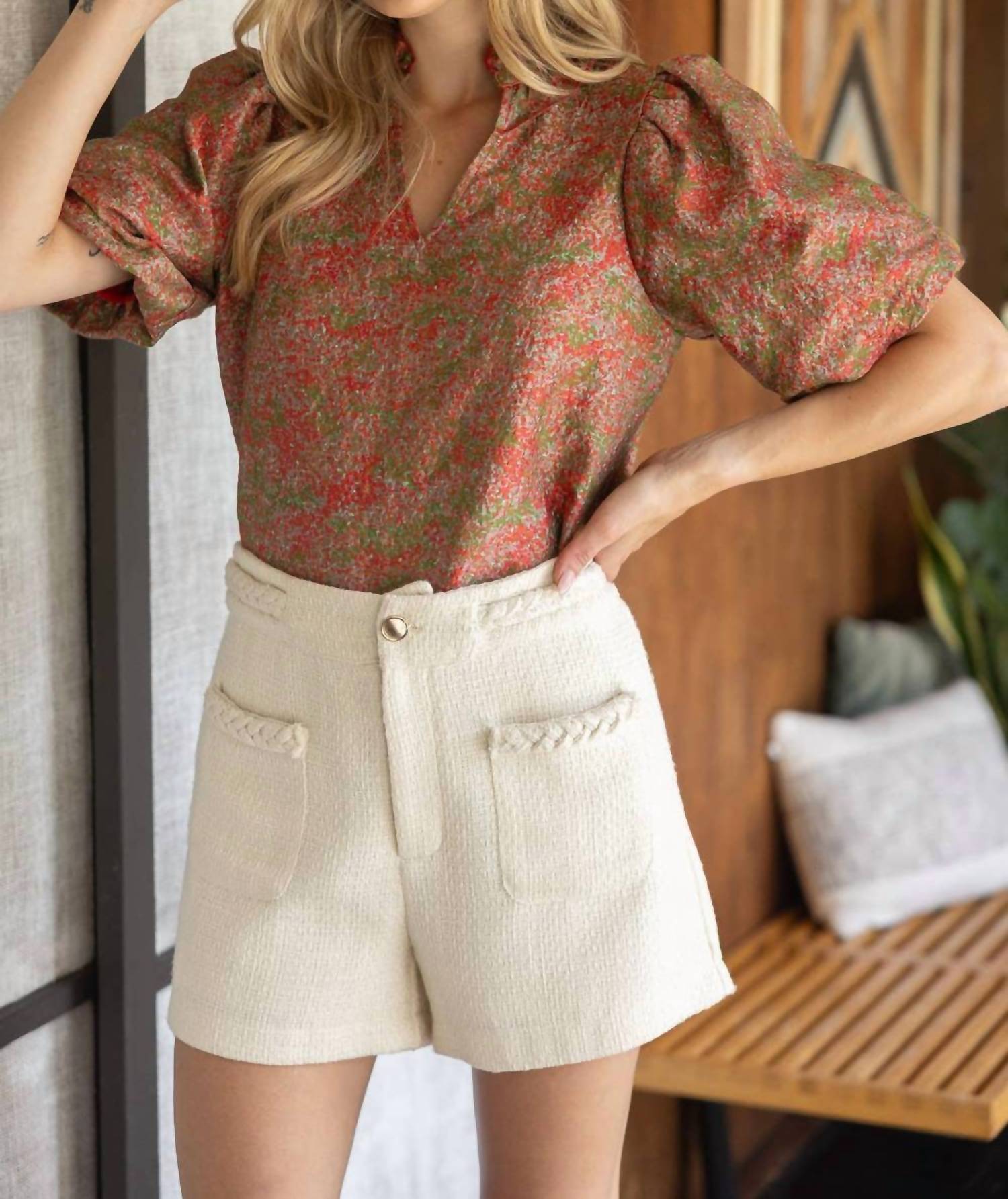 voy Ruffle Collared Jacquard Abstract Print Blouse in rust - women's blouse - view 5