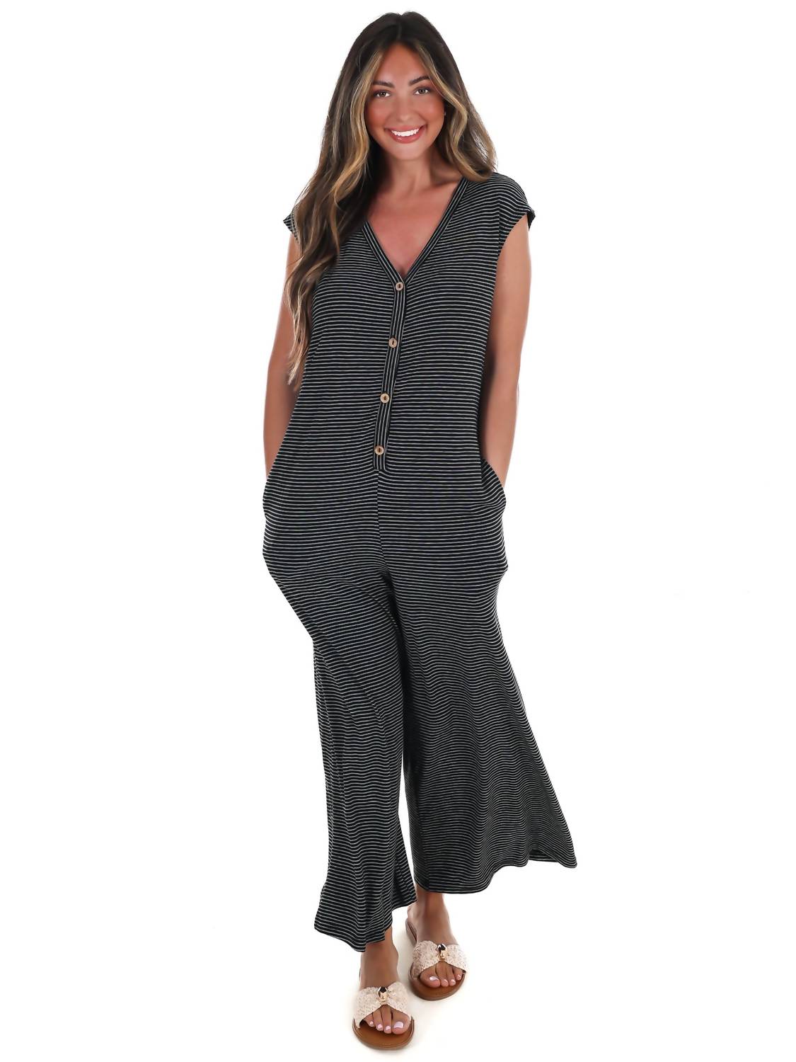 Very J - Easy Days Striped Jumpsuit
