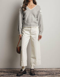 Forte - Floral Applique V-Neck Sweater