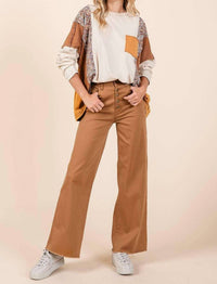 Mittoshop - TWILL HIGH WAISTED BUTTON FLY WIDE LEG PANTS