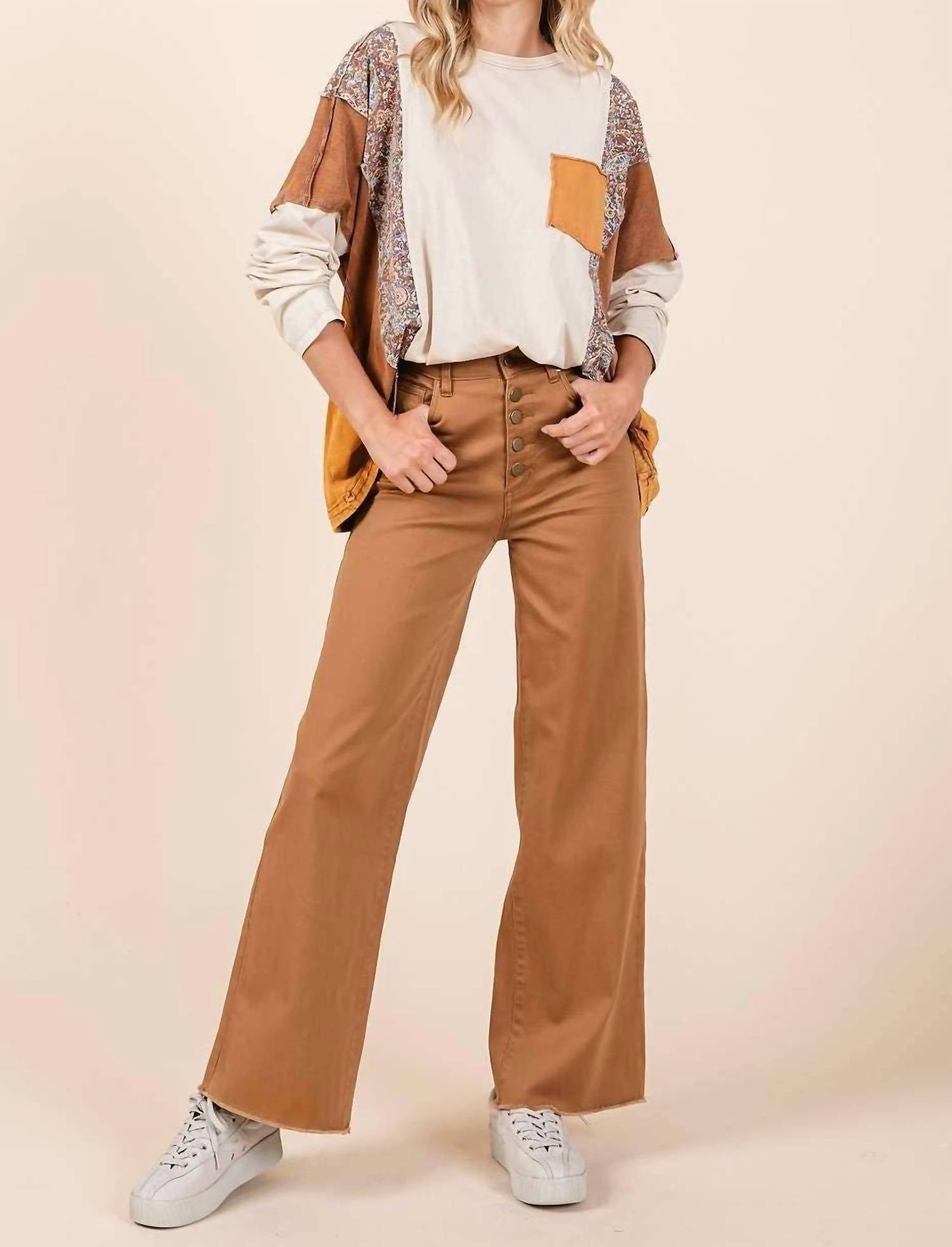 Mittoshop - TWILL HIGH WAISTED BUTTON FLY WIDE LEG PANTS