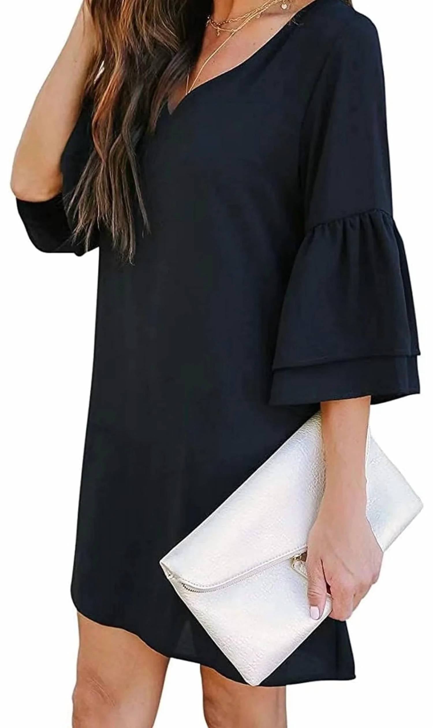 Belongsci - Elegant Shift Dress With Bell Sleeves