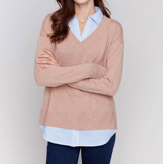 Charlie B - V-Neck Fooler Sweater with Shirt Collar