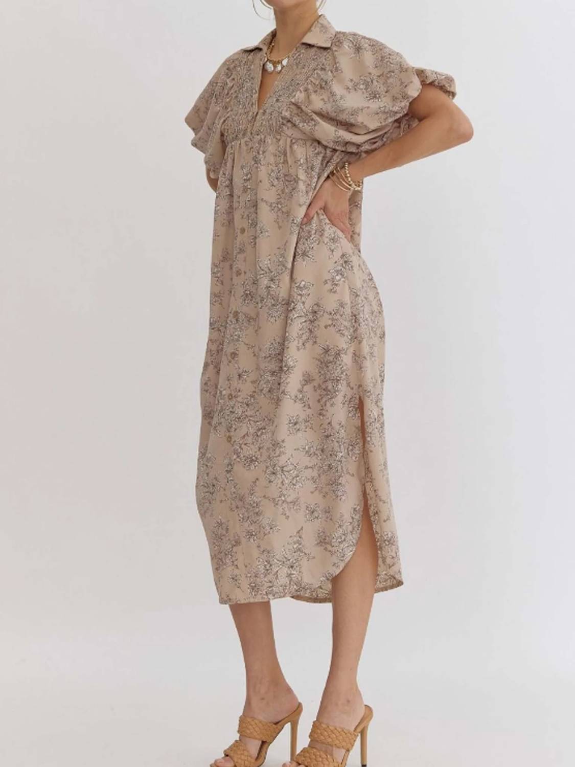 Entro - Floral Puff Sleeve Midi Dress