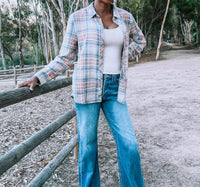be cool Plaid Button Up Flannel Top in slate clay - women's shirt