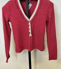 POL Lace-trim Henley Top in raspberry - women's cardigan - view 4