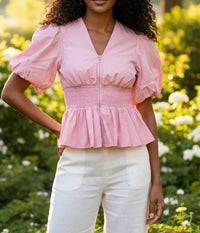 She + Sky - Puff Sleeve Smocking Front Zipper Woven Top