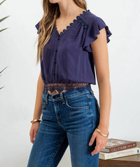 Blu Pepper - Scallop Lace Trim Back Tie Short Sleeve Crop Top