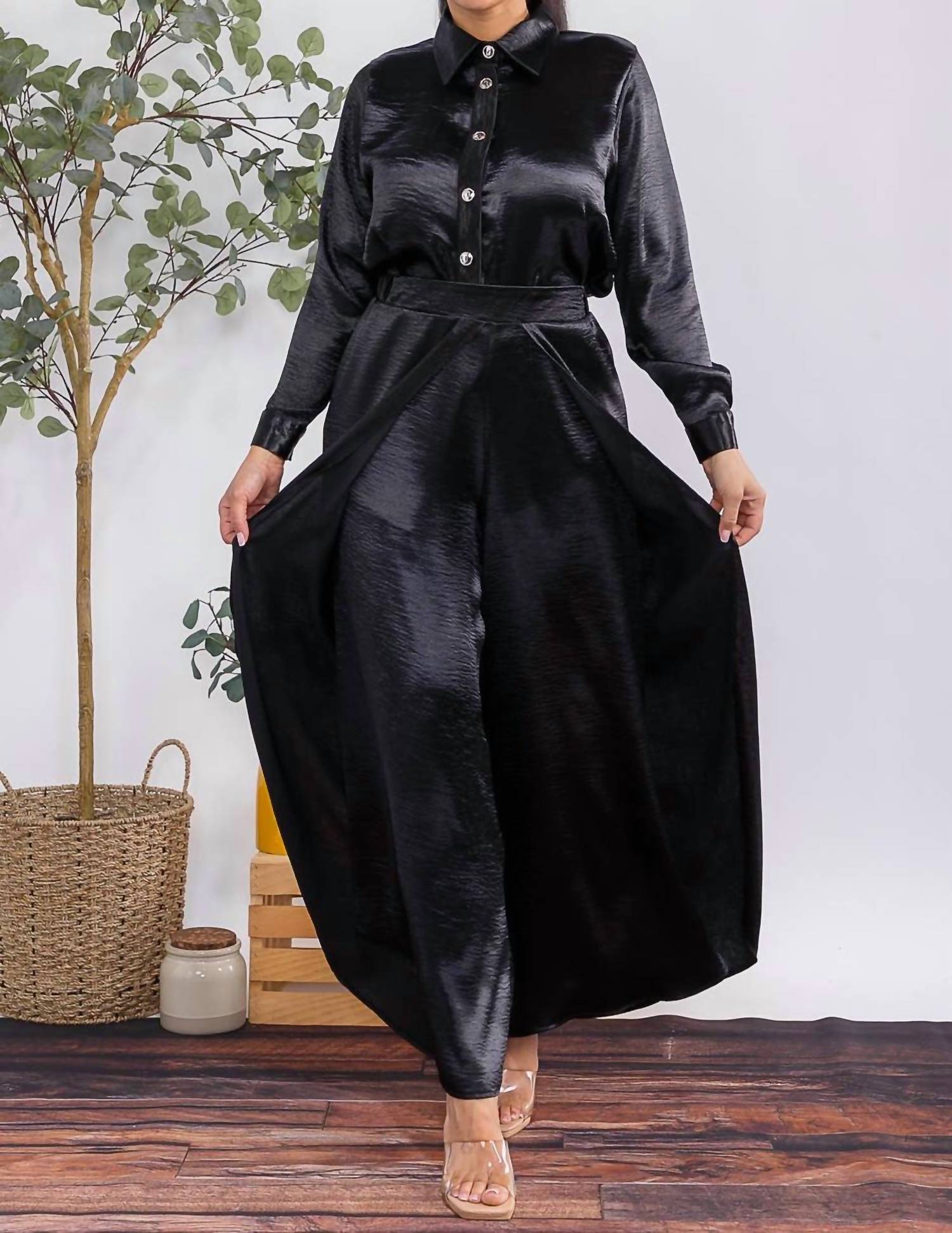 Karen T Design - Button Down Shirt And Open Pants Set