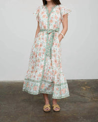 August Sky - Floral Border Print Belt Strap Midi Dress