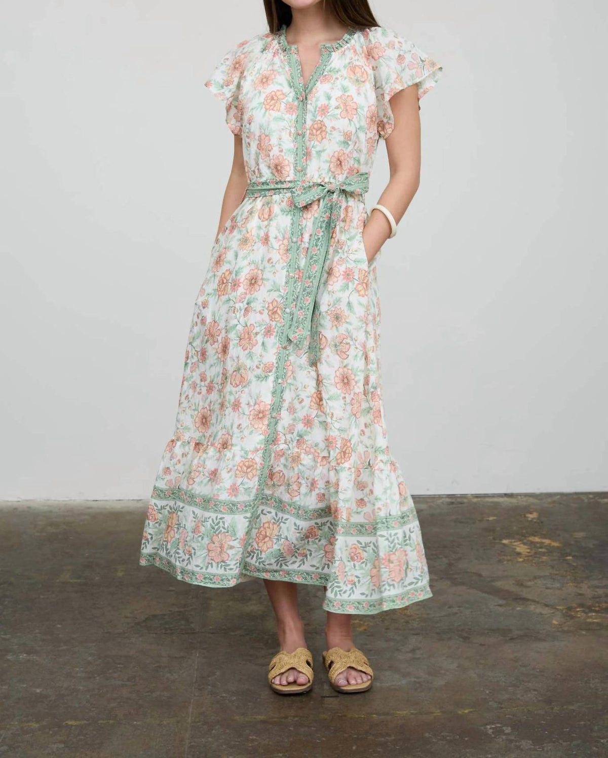 August Sky - Floral Border Print Belt Strap Midi Dress