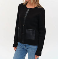SIX/FIFTY Natalia Faux Leather Cardigan in black 1 - women's cardigan - alternate view