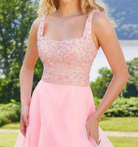 MORILEE A-line Prom Dress in coral burst - women's dress - detail view