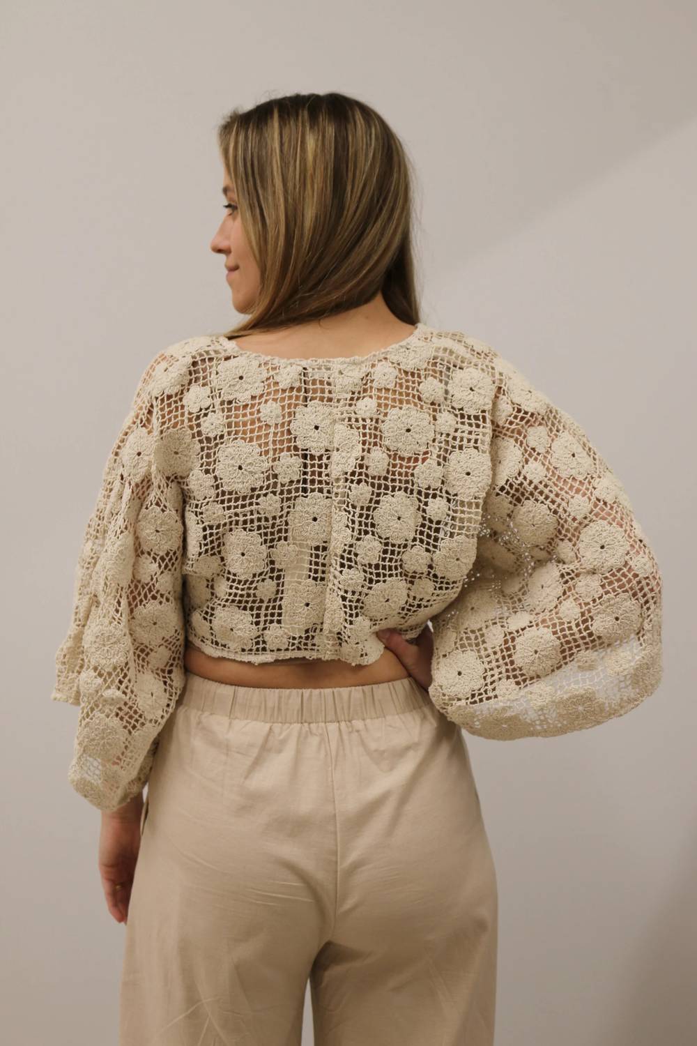 Mustard Seed - Solid Crochet Floral Tie Front Crop Top