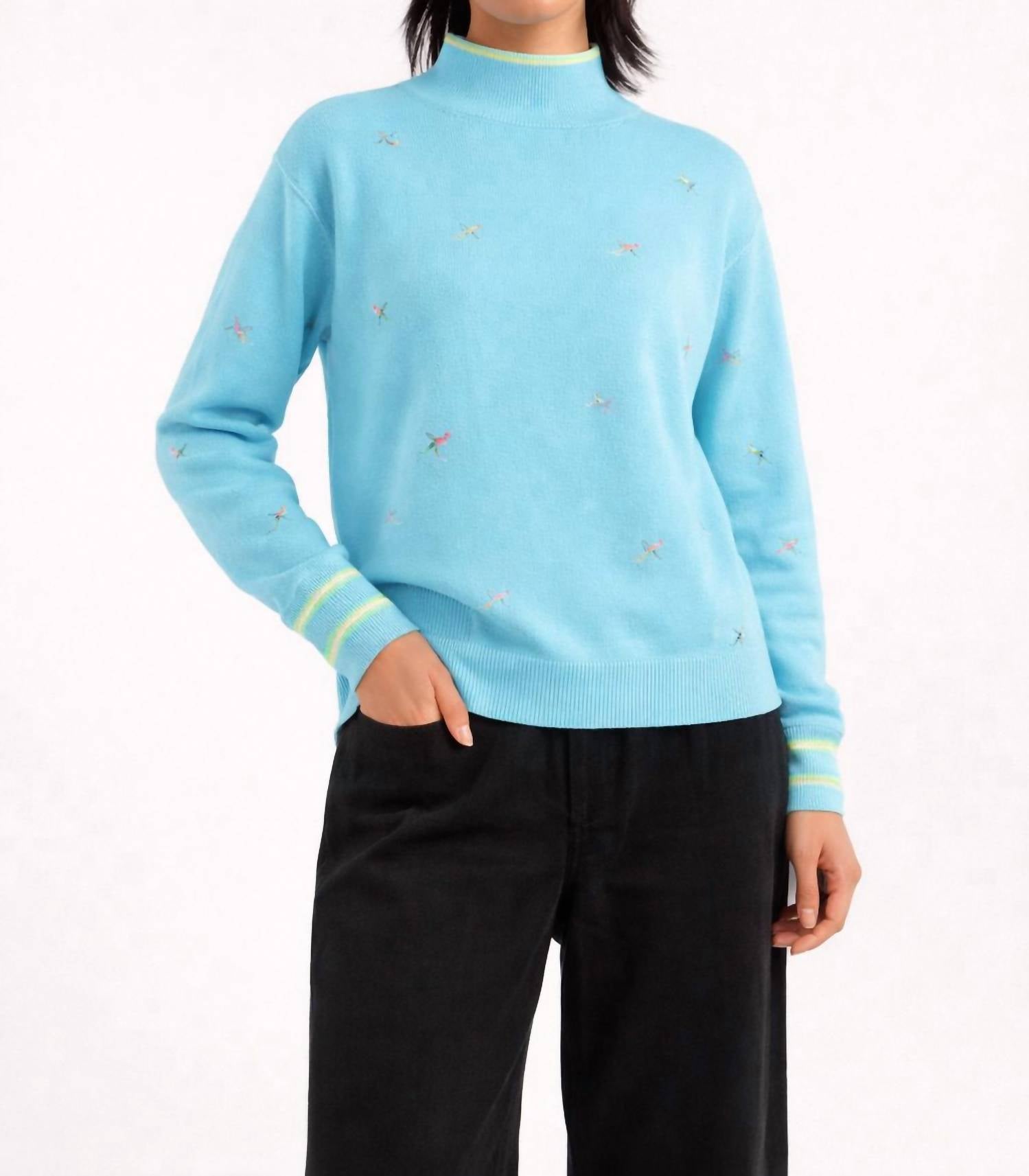 Wispr Ditsy Ski Embroidery Mock Neck Sweater in aqua - women's sweater