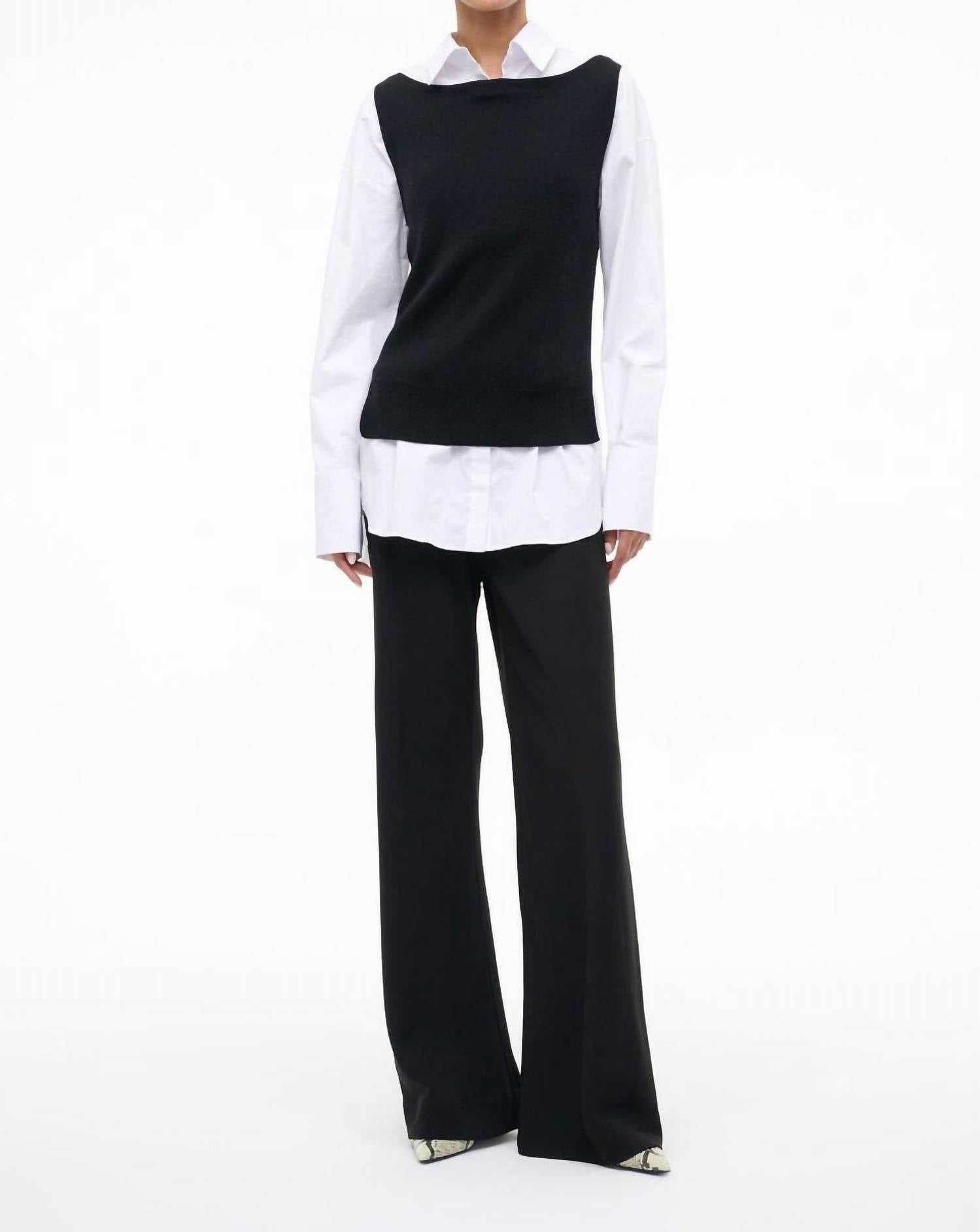 STAUD Damian Knit Button Down Top in black white - women's long sleeve top
