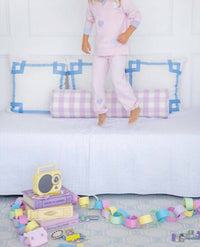 The Beaufort Bonnet Company Cassidy Comfy Crewneck Top in palm beach pink with hearts - kids' sweater - detail view