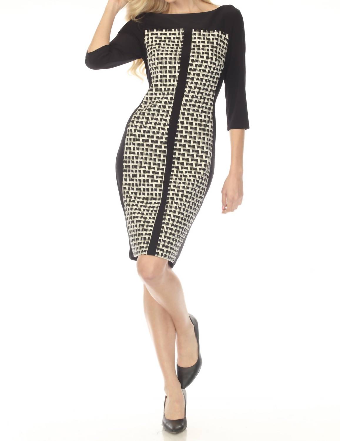 Joseph Ribkoff Geometric Jacquard Sheath Mini Dress in black off white - women's dress