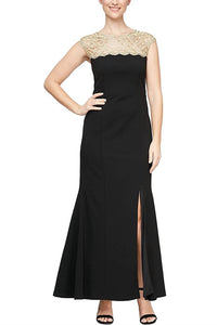 S.L. Fashions - Scalloped Lace Neck & Front Slit Crepe Dress